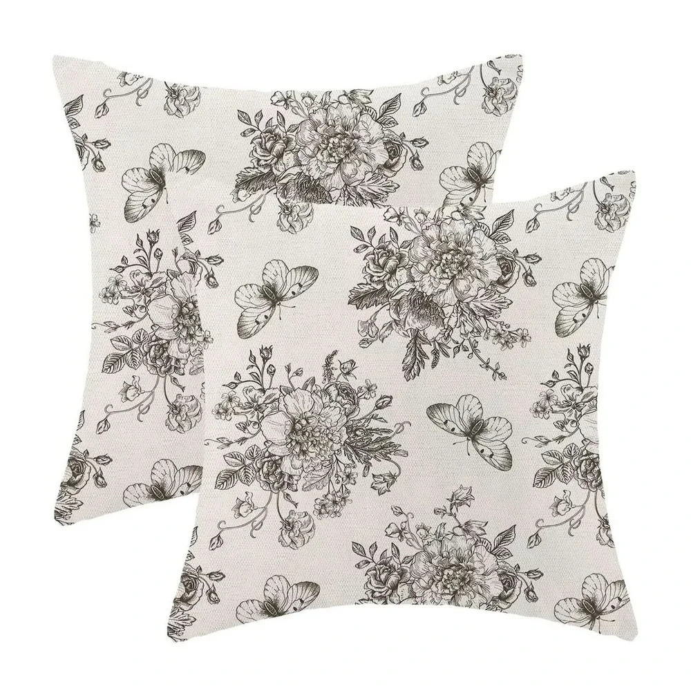 Chinoiserie Black Floral Pillow Covers 20x20 Inch Set of 2 - NEW